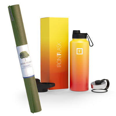Jade Yoga Voyager Mat - Olive & Iron Flask Wide Mouth Bottle with Spout Lid, Fire, 32oz/950ml Bundle
