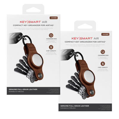 KeySmart Air - Compact Leather Key Holder and Case for Apple Airtag - Brown - 2 Pack