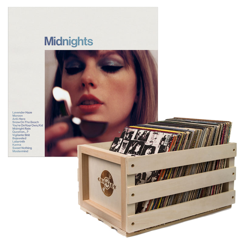 Crosley Record Storage Crate & Taylor Swift Midnights Vinyl Album Bundle Moonstone Blue