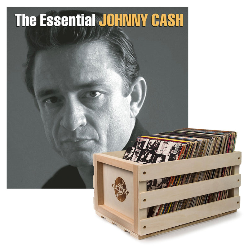 Crosley Record Storage Crate Johnny Cash The Essential Johnny Cash Vinyl Album Bundle